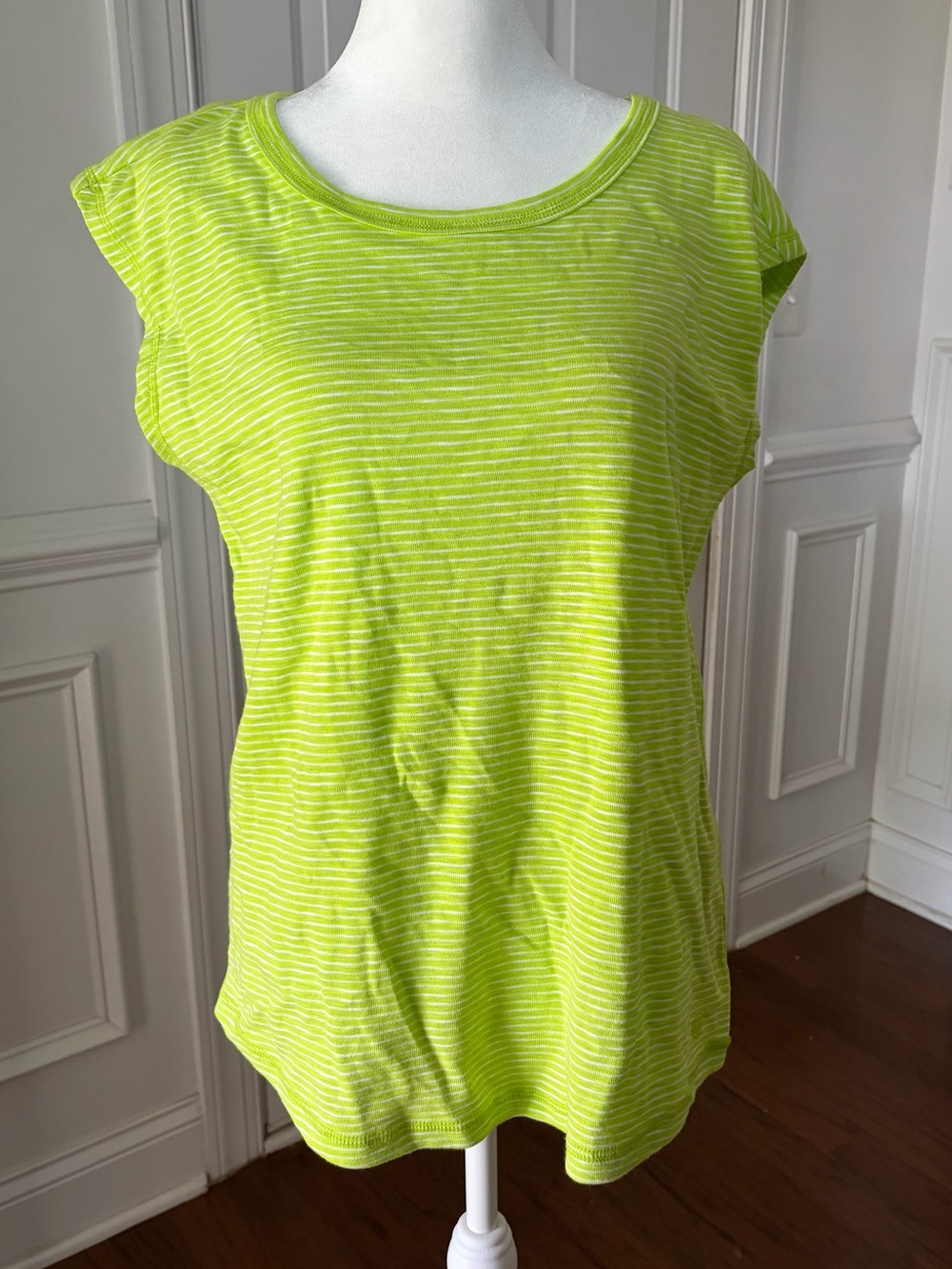 T by Talbots Cap Sleeve Slub Tee – Neon Green/White Stripes Size Small